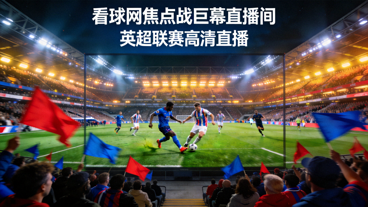 看球网焦点战巨幕直播间，英超联赛高清直播画面，球员在绿色草坪上激烈拼抢，看台观众挥舞旗帜