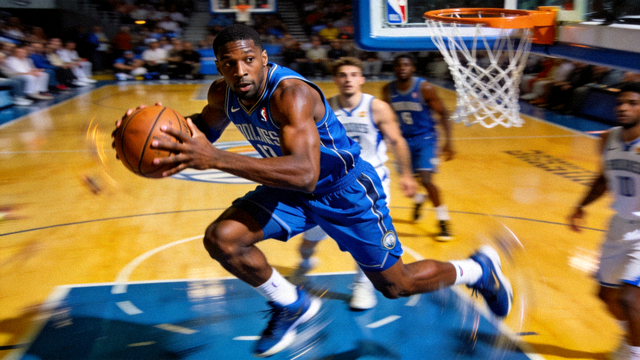 NBA常规赛比赛画面，球员持球突破上篮