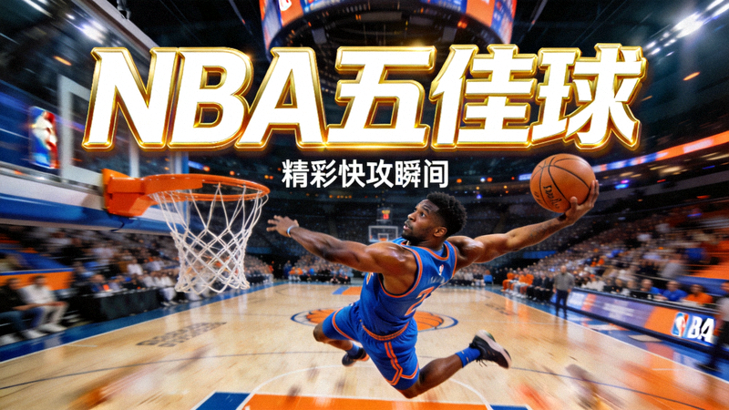 NBA五佳球集锦封面，球员在快攻中完成战斧劈扣