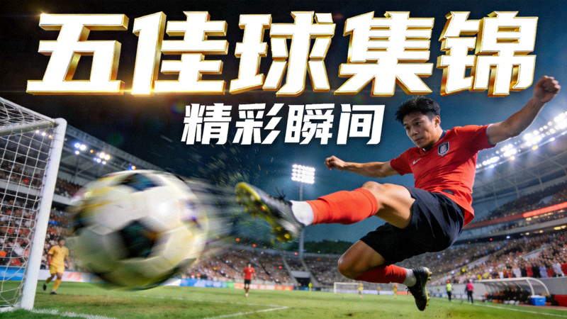 足球比赛五佳球集锦封面，球员凌空抽射破门瞬间